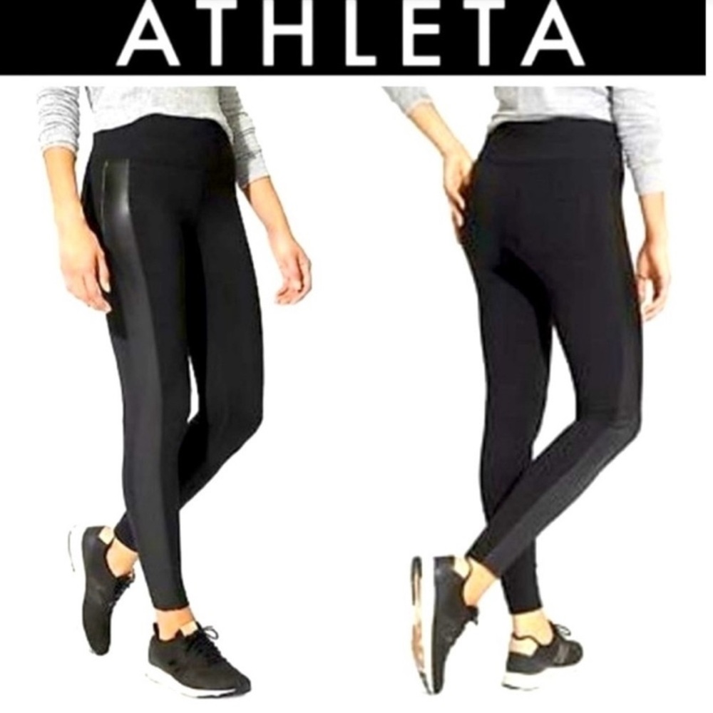 Athleta Faux Leather Tux Stripe Metro High Rise Leggings Black Size Medium 74293